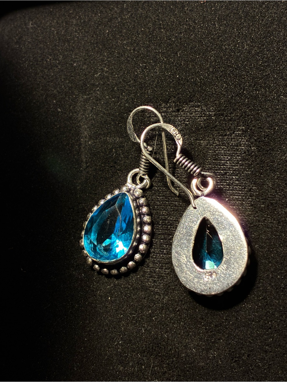 Blue Teardrop Crystal Dangle Earrings - Silver Tone